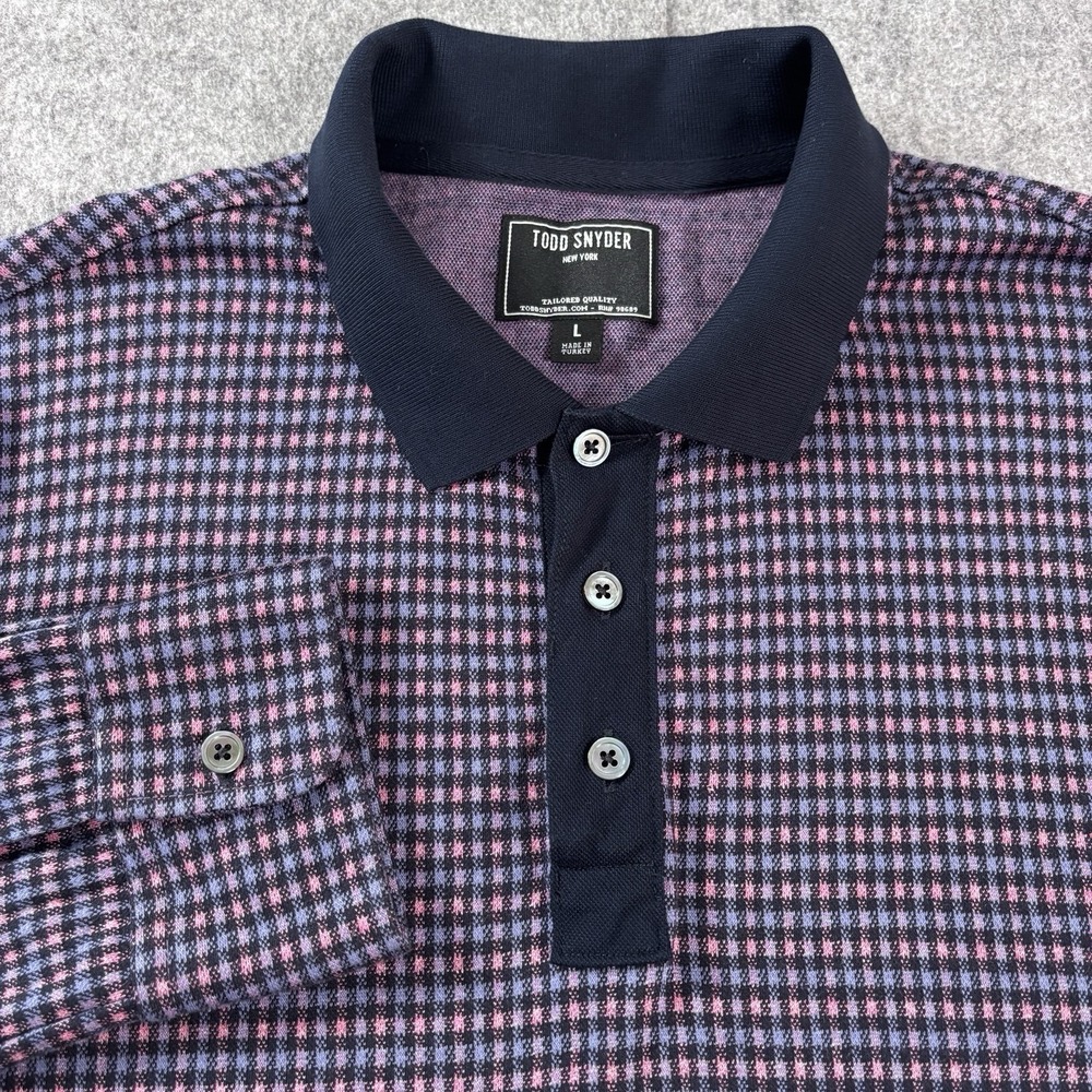 Todd Snyder Long Sleeve Sweater Polo Knit Shirt Mens Size L Micro Check Cotton